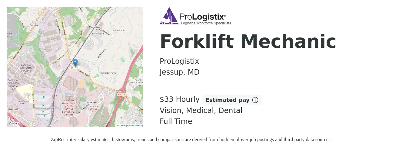 ProLogistix job posting for a Forklift Mechanic in Jessup, MD with a salary of $34 to $35 Hourly and benefits including vision, dental, and medical with a map of Jessup location.