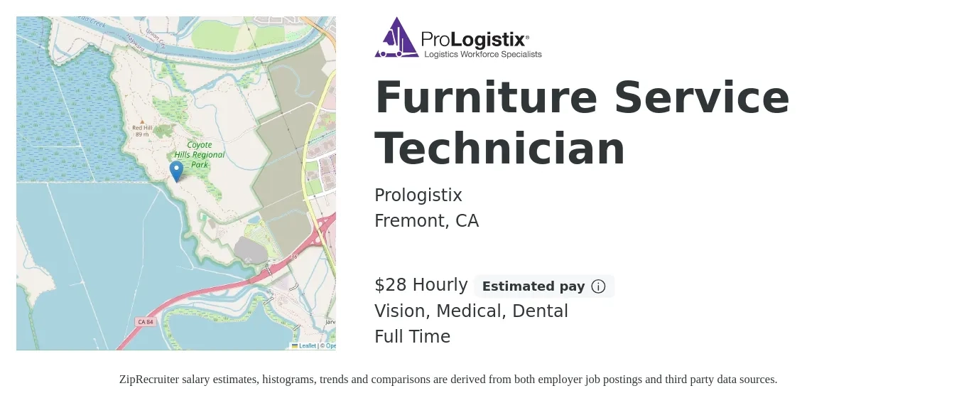 Prologistix job posting for a Furniture Service Technician in Fremont, CA with a salary of $30 Hourly and benefits including dental, life_insurance, medical, and vision with a map of Fremont location.