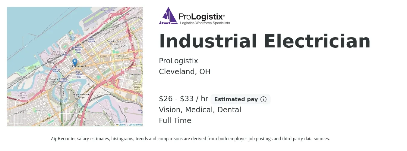 ProLogistix job posting for a Industrial Electrician in Cleveland, OH with a salary of $28 to $35 Hourly and benefits including vision, dental, and medical with a map of Cleveland location.