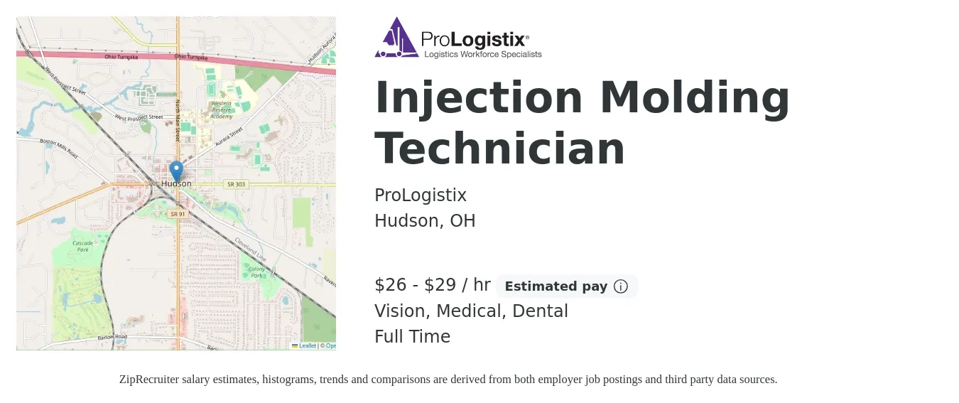 ProLogistix job posting for a Injection Molding Technician in Hudson, OH with a salary of $28 to $30 Hourly and benefits including medical, vision, and dental with a map of Hudson location.