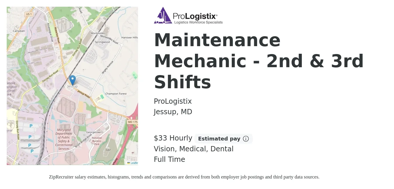 ProLogistix job posting for a Maintenance Mechanic - 2nd & 3rd Shifts in Jessup, MD with a salary of $34 to $35 Hourly and benefits including medical, vision, and dental with a map of Jessup location.