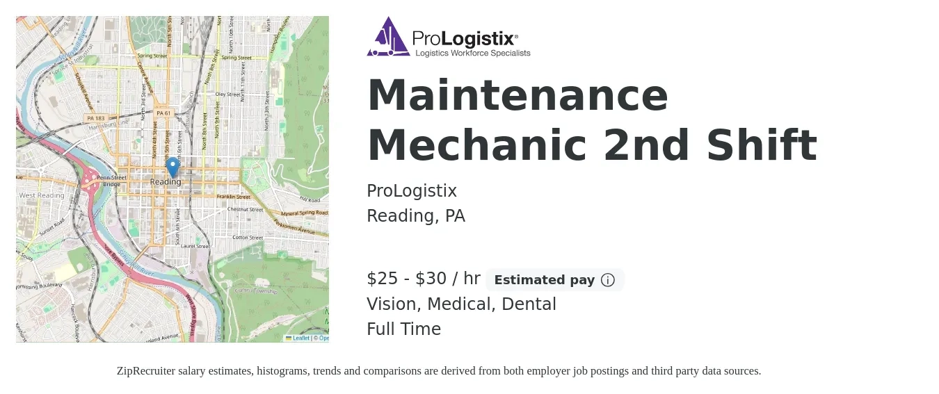 ProLogistix job posting for a Maintenance Mechanic 2nd Shift in Reading, PA with a salary of $27 to $32 Hourly and benefits including medical, vision, and dental with a map of Reading location.