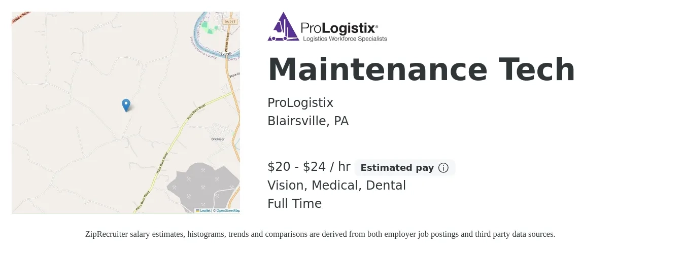 ProLogistix job posting for a Maintenance Tech in Blairsville, PA with a salary of $21 to $25 Hourly and benefits including dental, medical, and vision with a map of Blairsville location.