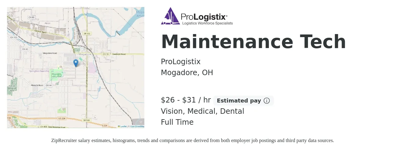 ProLogistix job posting for a Maintenance Tech in Mogadore, OH with a salary of $28 to $33 Hourly and benefits including dental, medical, and vision with a map of Mogadore location.