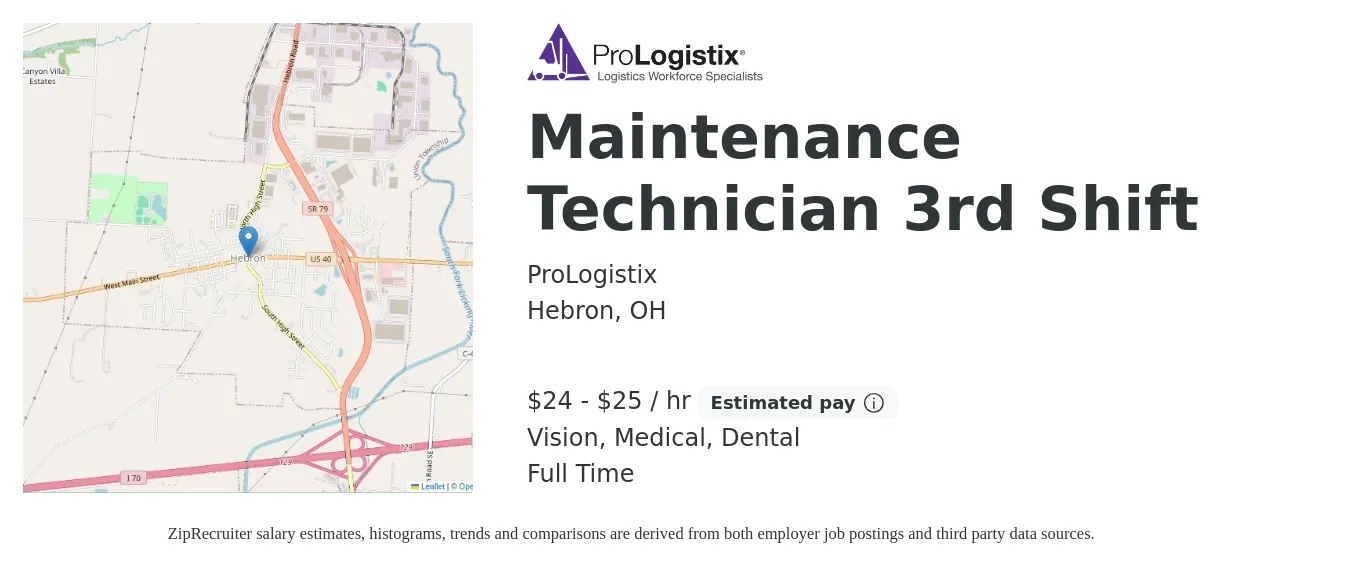 ProLogistix job posting for a Maintenance Technician 3rd Shift in Hebron, OH with a salary of $25 to $26 Hourly and benefits including dental, medical, and vision with a map of Hebron location.