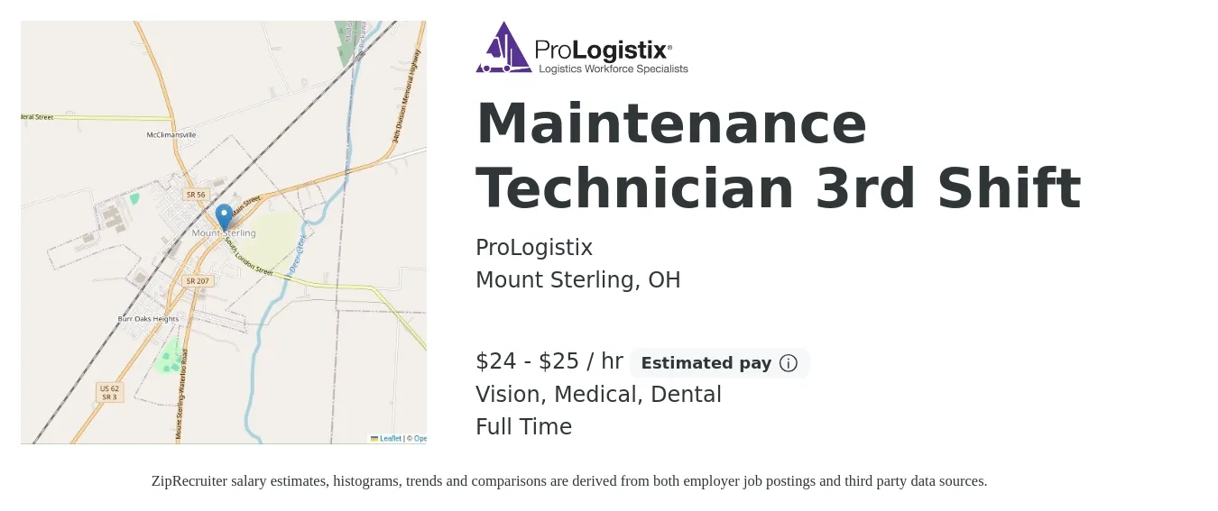 ProLogistix job posting for a Maintenance Technician 3rd Shift in Mount Sterling, OH with a salary of $25 to $27 Hourly and benefits including medical, vision, and dental with a map of Mount Sterling location.