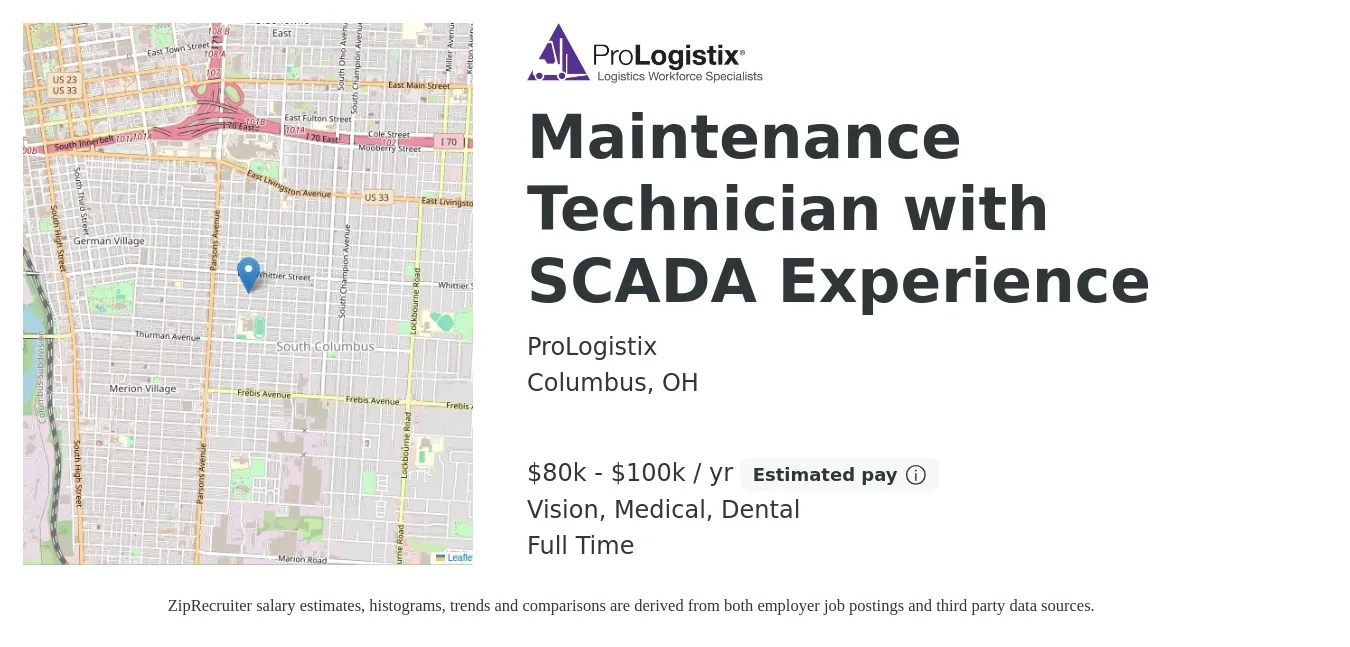 ProLogistix job posting for a Maintenance Technician with SCADA Experience in Columbus, OH with a salary of $80,000 to $100,000 Yearly and benefits including vision, dental, and medical with a map of Columbus location.