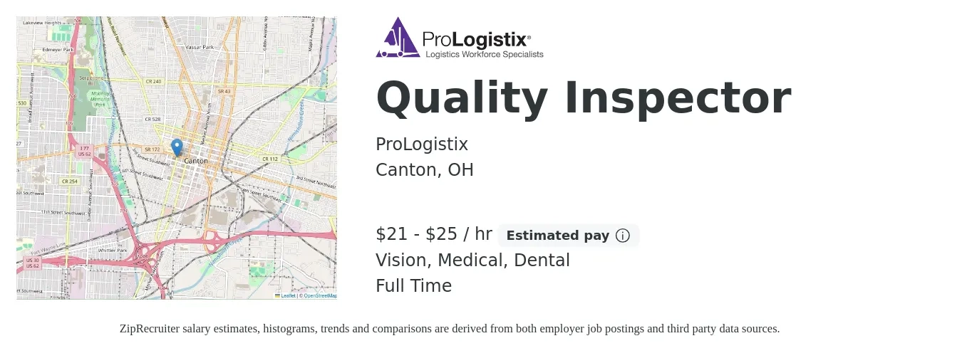 ProLogistix job posting for a Quality Inspector in Canton, OH with a salary of $22 to $27 Hourly and benefits including dental, medical, and vision with a map of Canton location.