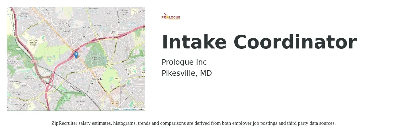 Prologue Inc job posting for a Intake Coordinator in Pikesville, MD with a salary of $20 to $24 Hourly with a map of Pikesville location.