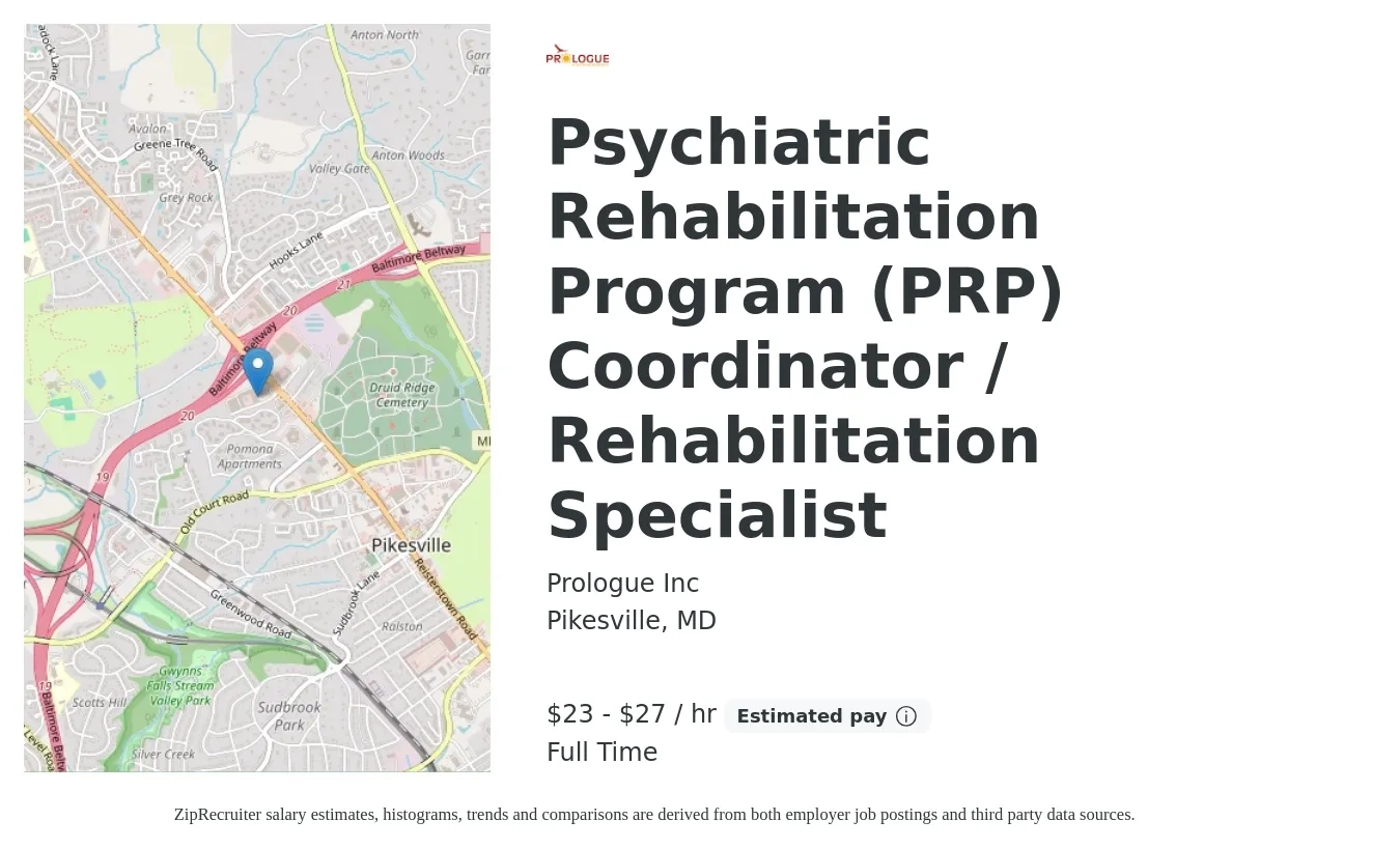 Prologue Inc job posting for a Psychiatric Rehabilitation Program (PRP) Coordinator / Rehabilitation Specialist in Pikesville, MD with a salary of $50,000 to $60,000 Yearly with a map of Pikesville location.
