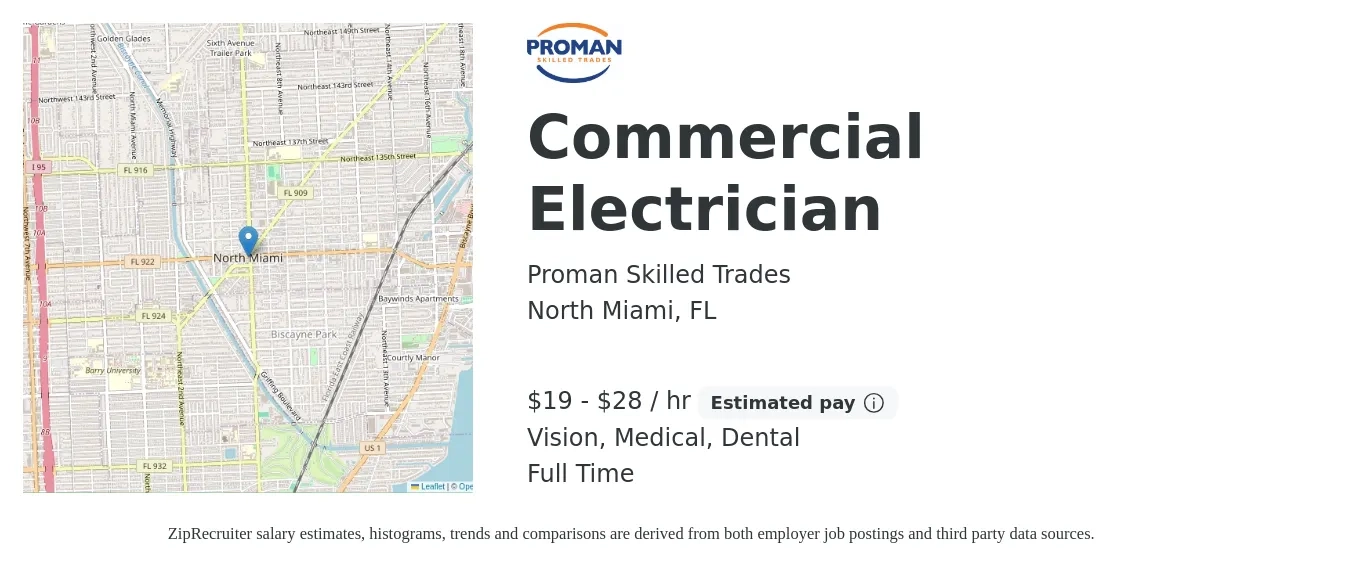 Proman Skilled Trades job posting for a Commercial Electrician in North Miami, FL with a salary of $20 to $30 Hourly and benefits including dental, medical, and vision with a map of North Miami location.