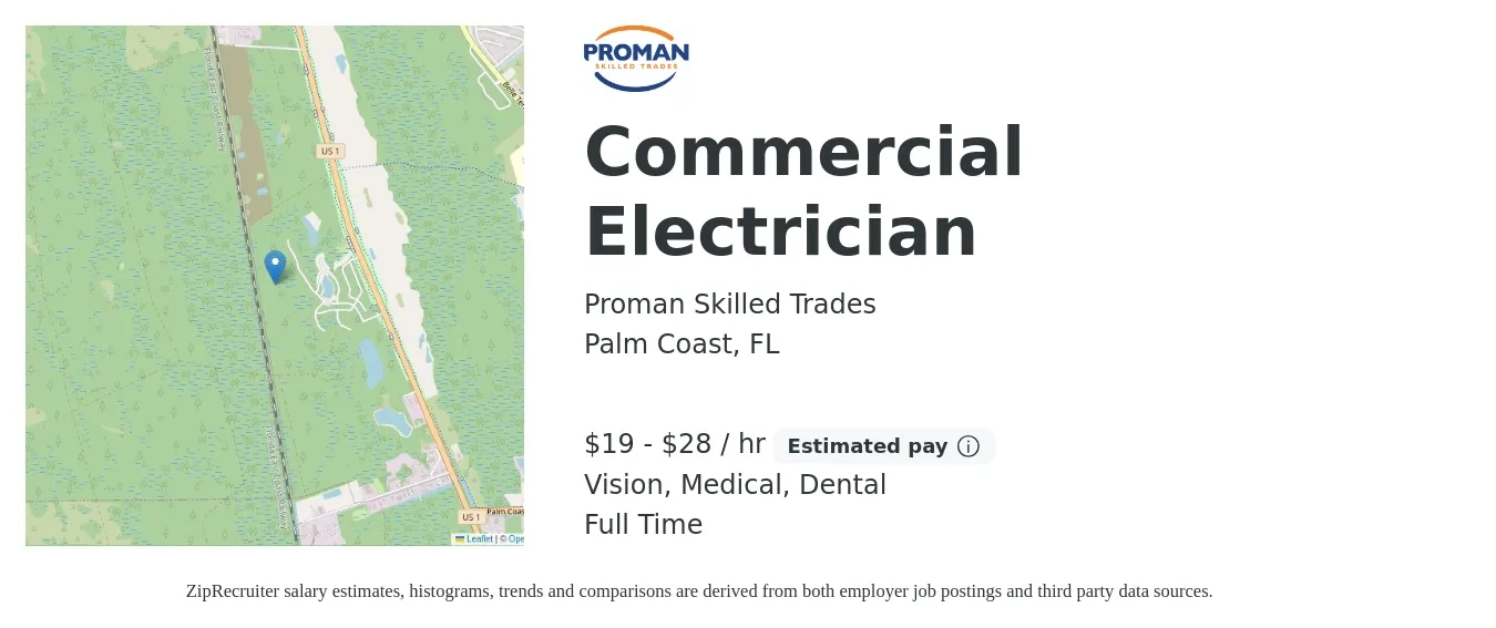 Proman Skilled Trades job posting for a Commercial Electrician in Palm Coast, FL with a salary of $20 to $30 Hourly and benefits including vision, dental, and medical with a map of Palm Coast location.
