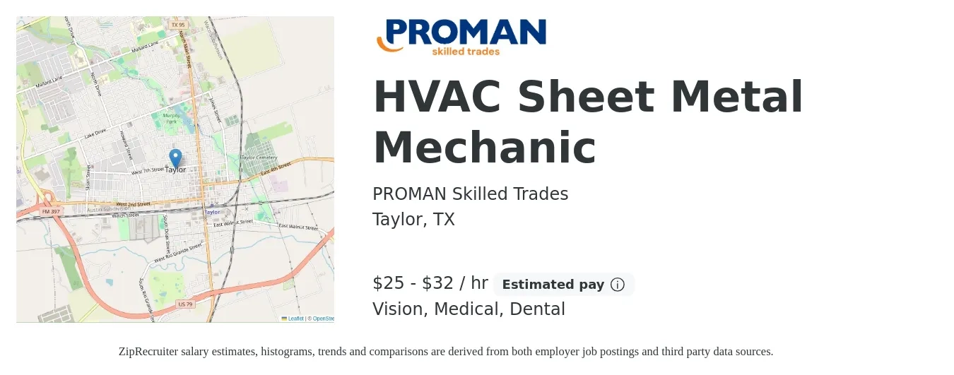 PROMAN Skilled Trades job posting for a HVAC Sheet Metal Mechanic in Taylor, TX with a salary of $26 to $34 Hourly and benefits including vision, dental, medical, and retirement with a map of Taylor location.