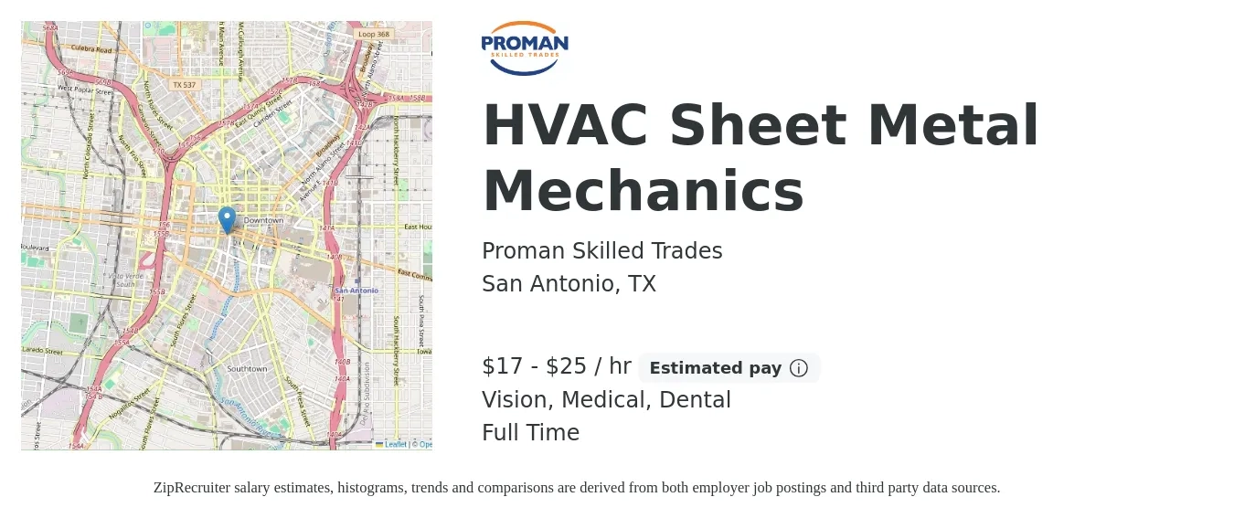 Proman Skilled Trades job posting for a HVAC Sheet Metal Mechanics in San Antonio, TX with a salary of $20 to $27 Hourly and benefits including medical, vision, and dental with a map of San Antonio location.