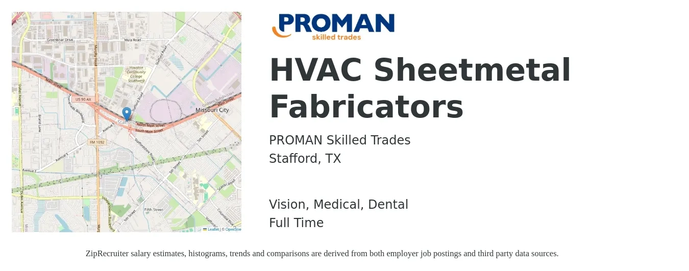 PROMAN Skilled Trades job posting for a HVAC Sheetmetal Fabricators in Stafford, TX with a salary of $16 to $22 Hourly and benefits including vision, dental, medical, and retirement with a map of Stafford location.
