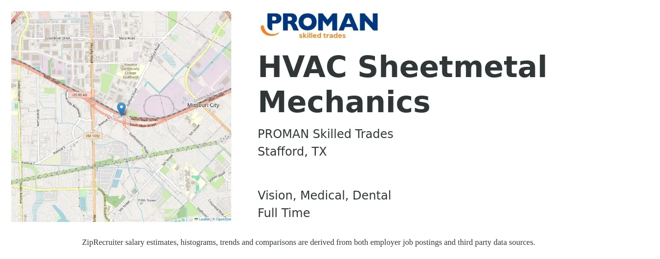 PROMAN Skilled Trades job posting for a HVAC Sheetmetal Mechanics in Stafford, TX with a salary of $21 to $26 Hourly and benefits including vision, dental, and medical with a map of Stafford location.
