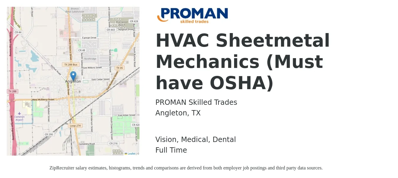PROMAN Skilled Trades job posting for a HVAC Sheetmetal Mechanics (Must have OSHA) in Angleton, TX with a salary of $20 to $25 Hourly and benefits including dental, medical, retirement, and vision with a map of Angleton location.