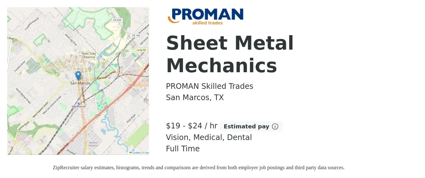 PROMAN Skilled Trades job posting for a Sheet Metal Mechanics in San Marcos, TX with a salary of $20 to $45 Hourly and benefits including dental, medical, retirement, and vision with a map of San Marcos location.