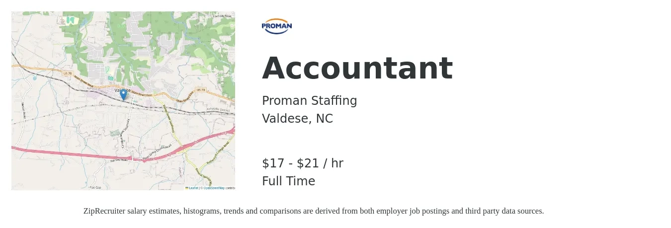 Proman Staffing job posting for a Accountant in Valdese, NC with a salary of $18 to $22 Hourly with a map of Valdese location.