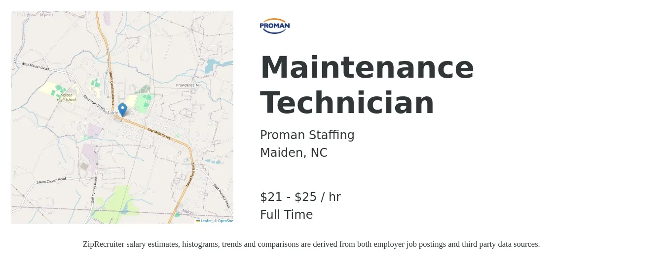 Proman Staffing job posting for a Maintenance Technician in Maiden, NC with a salary of $22 to $26 Hourly with a map of Maiden location.