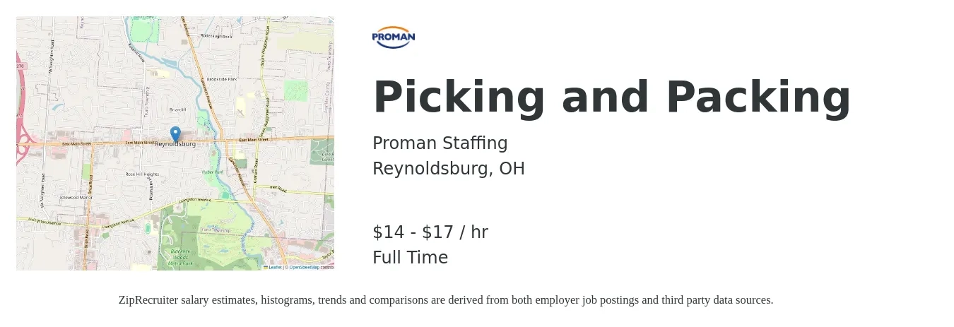 Proman Staffing job posting for a Picking and Packing in Columbus, OH with a salary of $17 to $18 Hourly with a map of Columbus location.