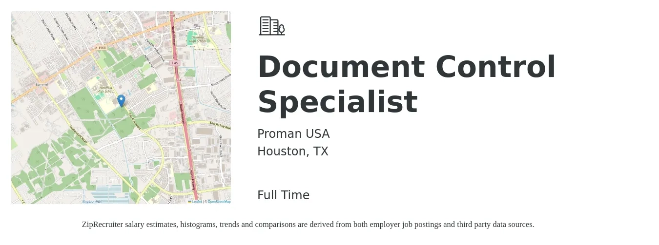 Proman USA job posting for a Document Control Specialist in Houston, TX with a salary of $20 to $32 Hourly with a map of Houston location.