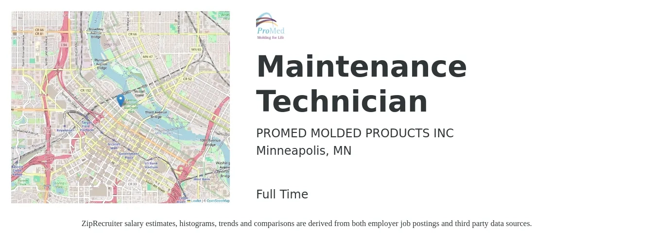 PROMED MOLDED PRODUCTS INC job posting for a Maintenance Technician in Minneapolis, MN with a salary of $20 to $28 Hourly with a map of Minneapolis location.