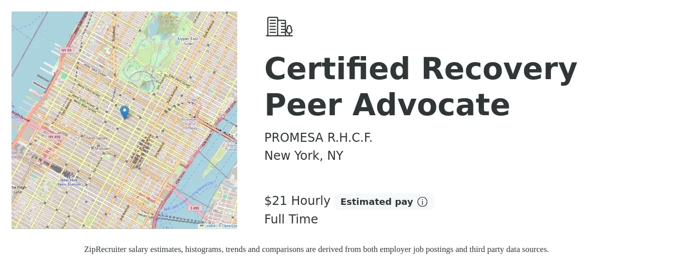 PROMESA R.H.C.F. job posting for a Certified Recovery Peer Advocate in New York, NY with a salary of $23 Hourly with a map of New York location.