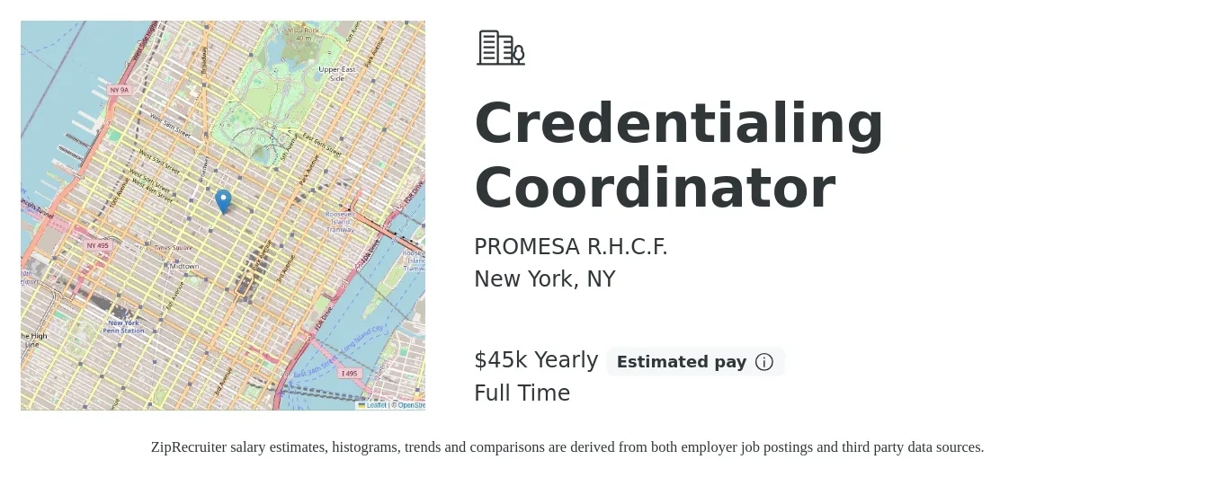 PROMESA R.H.C.F. job posting for a Credentialing Coordinator in New York, NY with a salary of $45,000 Yearly with a map of New York location.