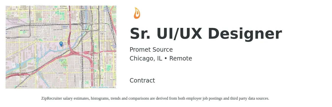 Promet Source job posting for a Sr. UI/UX Designer in Chicago, IL with a salary of $106,900 to $153,900 Yearly with a map of Chicago location.