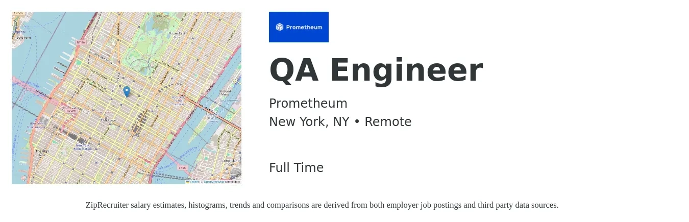 Prometheum job posting for a QA Engineer in New York, NY with a salary of $100,000 to $130,000 Yearly with a map of New York location.