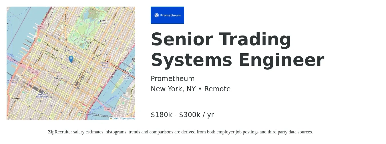Prometheum job posting for a Senior Trading Systems Engineer in New York, NY with a salary of $180,000 to $300,000 Yearly with a map of New York location.
