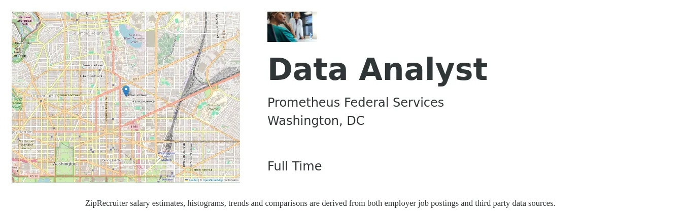 Prometheus Federal Services job posting for a Data Analyst in Washington, DC with a salary of $70,500 to $109,400 Yearly with a map of Washington location.