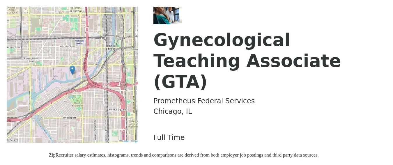 Prometheus Federal Services job posting for a Gynecological Teaching Associate (GTA) in Chicago, IL with a salary of $16 to $25 Hourly with a map of Chicago location.