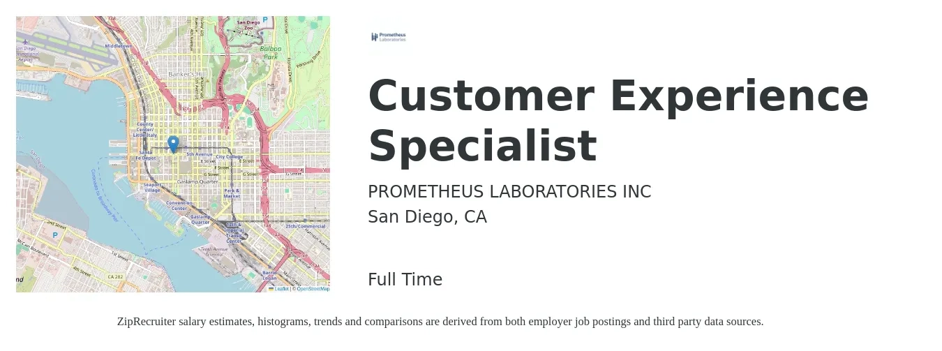 PROMETHEUS LABORATORIES INC job posting for a Customer Experience Specialist in San Diego, CA with a salary of $19 to $24 Hourly with a map of San Diego location.