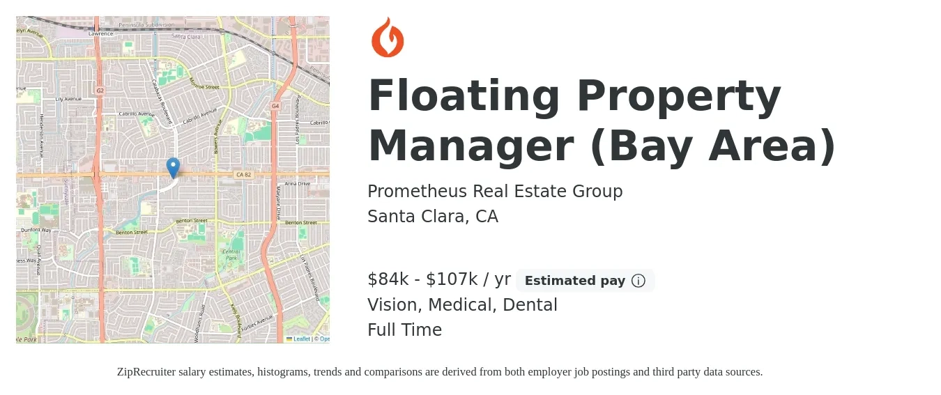 Prometheus Real Estate Group job posting for a Floating Property Manager (Bay Area) in Santa Clara, CA with a salary of $84,760 to $107,640 Yearly (plus commission) and benefits including dental, life_insurance, medical, retirement, and vision with a map of Santa Clara location.