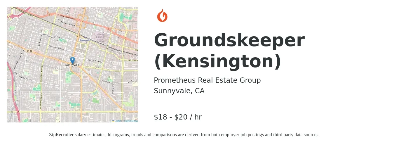 Prometheus Real Estate Group job posting for a Groundskeeper (Kensington) in Sunnyvale, CA with a salary of $19 to $21 Hourly with a map of Sunnyvale location.