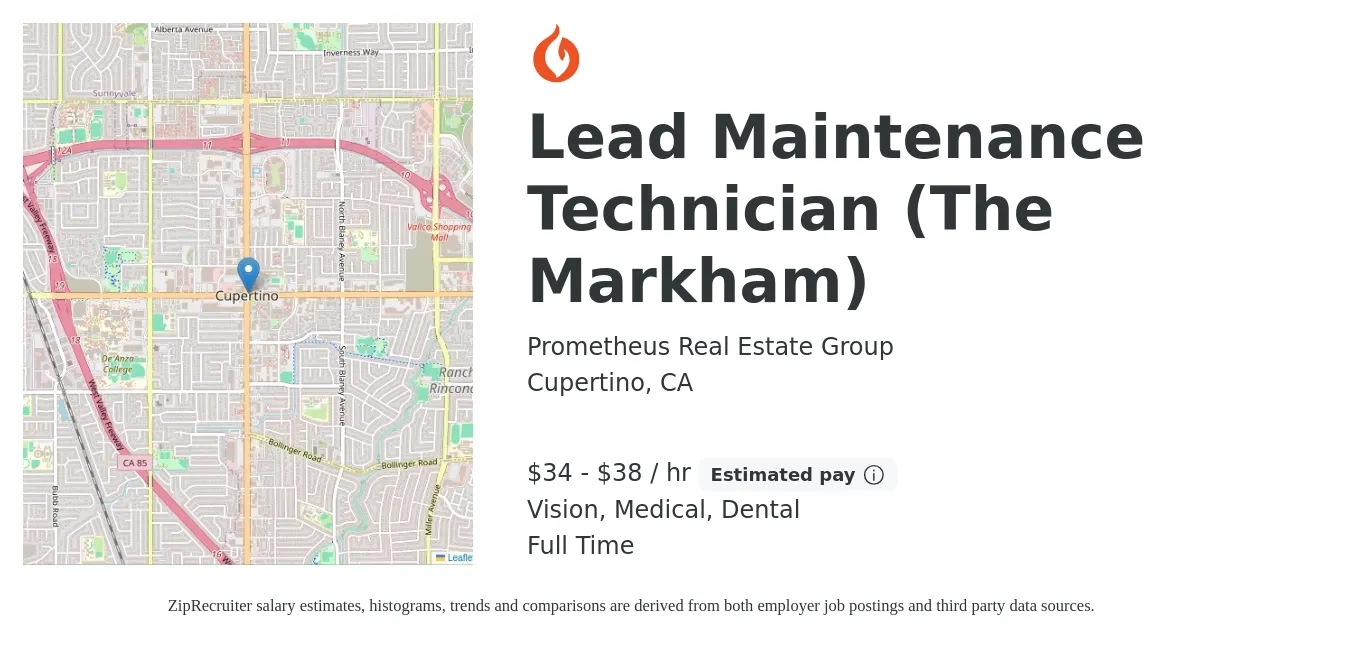 Prometheus Real Estate Group job posting for a Lead Maintenance Technician (The Markham) in Cupertino, CA with a salary of $36 to $40 Hourly and benefits including retirement, vision, dental, life_insurance, and medical with a map of Cupertino location.
