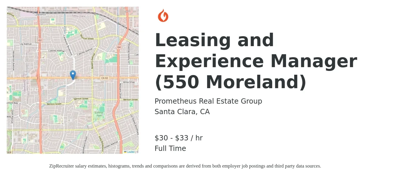 Prometheus Real Estate Group job posting for a Leasing and Experience Manager (550 Moreland) in Santa Clara, CA with a salary of $32 to $35 Hourly with a map of Santa Clara location.