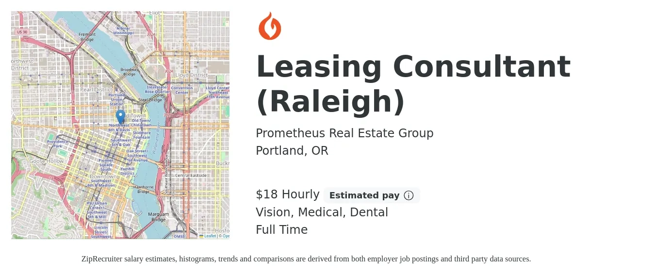 Prometheus Real Estate Group job posting for a Leasing Consultant (Raleigh) in Portland, OR with a salary of $19 to $20 Hourly and benefits including vision, dental, life_insurance, medical, and retirement with a map of Portland location.