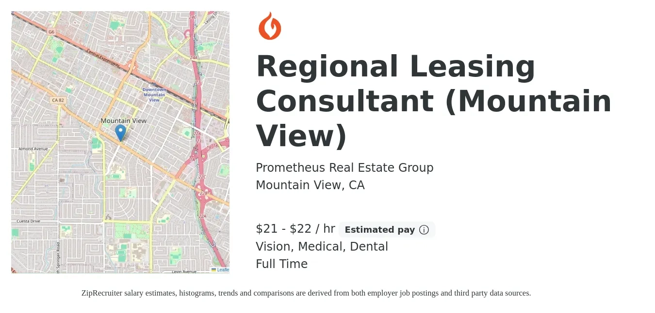 Prometheus Real Estate Group job posting for a Regional Leasing Consultant (Mountain View) in Mountain View, CA with a salary of $22 to $24 Hourly and benefits including medical, retirement, vision, dental, and life_insurance with a map of Mountain View location.