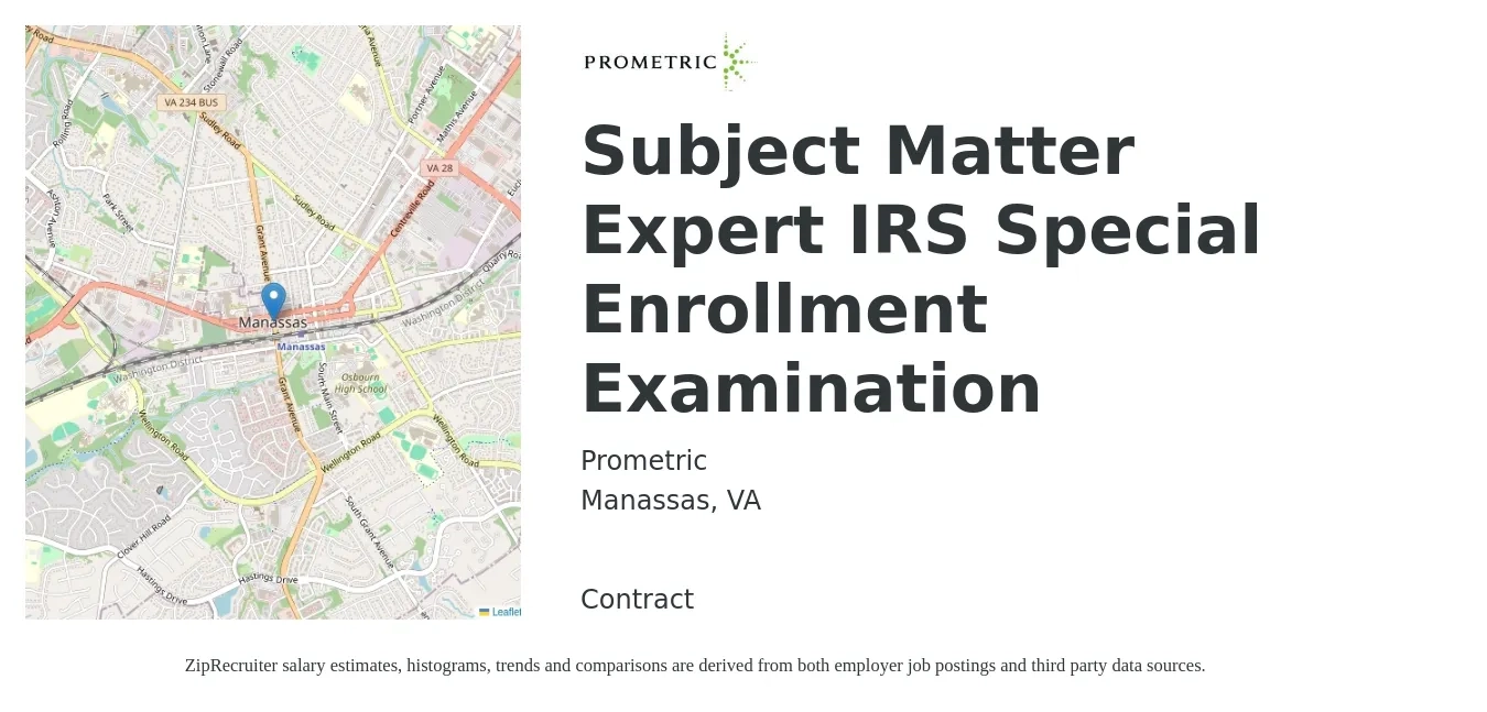 Prometric job posting for a Subject Matter Expert IRS Special Enrollment Examination in Manassas, VA with a salary of $52,500 to $81,000 Yearly with a map of Manassas location.