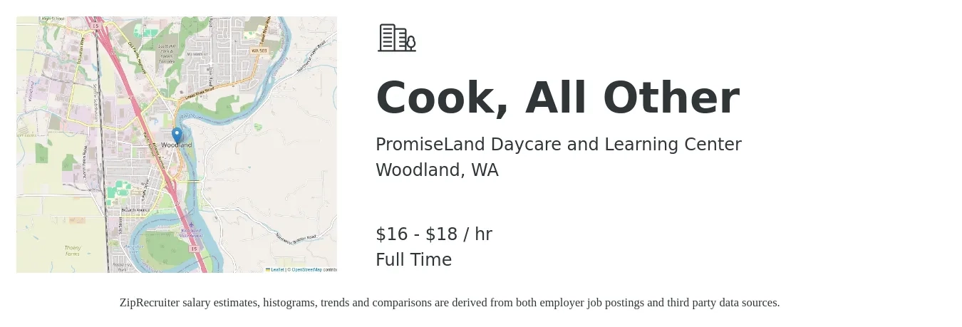 PromiseLand Daycare and Learning Center job posting for a Cook, All Other in Woodland, WA with a salary of $17 to $19 Hourly with a map of Woodland location.