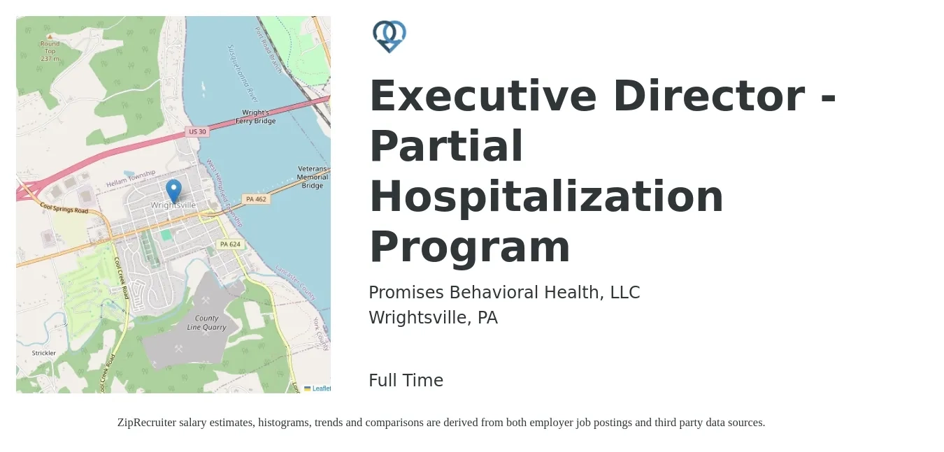 Promises Behavioral Health, LLC job posting for a Executive Director - Partial Hospitalization Program in Wrightsville, PA with a salary of $65,700 to $121,700 Yearly with a map of Wrightsville location.