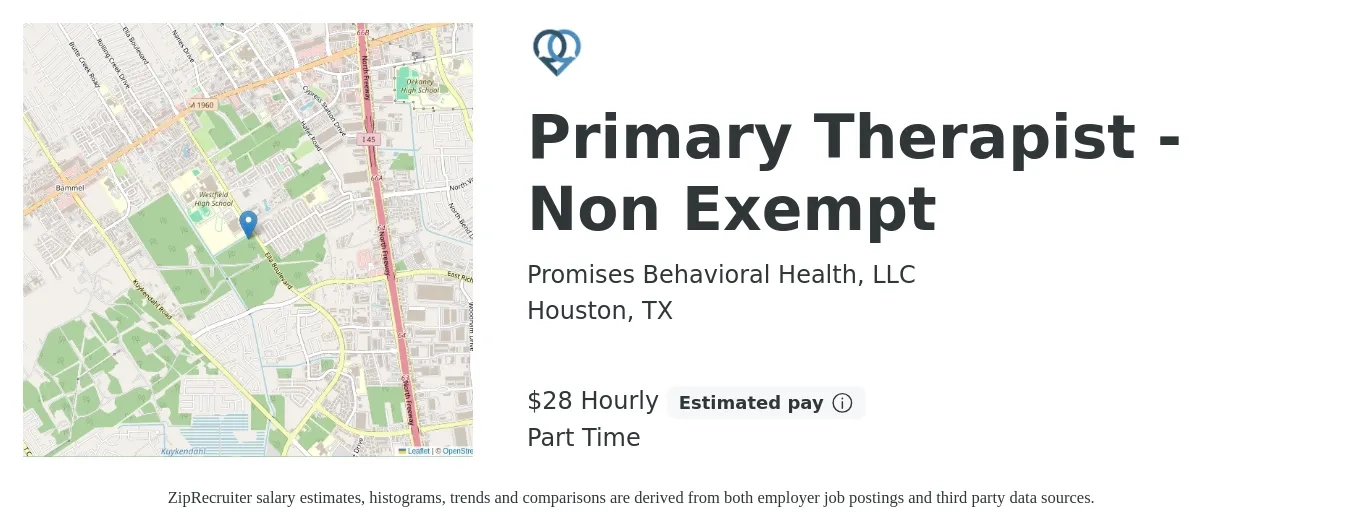 Promises Behavioral Health, LLC job posting for a Primary Therapist - Non Exempt in Houston, TX with a salary of $30 Hourly with a map of Houston location.