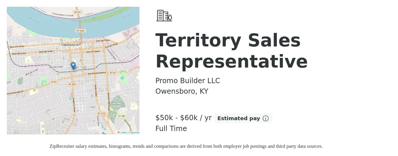 Promo Builder LLC job posting for a Territory Sales Representative in Owensboro, KY with a salary of $50,000 to $60,000 Yearly with a map of Owensboro location.