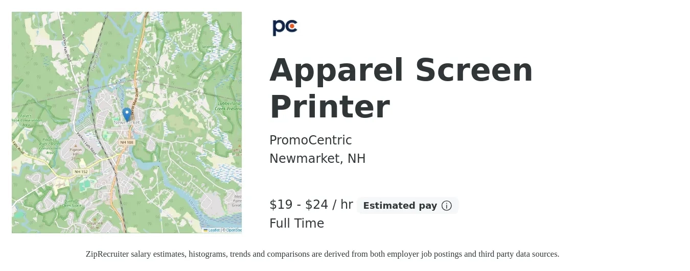 PromoCentric job posting for a Apparel Screen Printer in Newmarket, NH with a salary of $20 to $25 Hourly with a map of Newmarket location.