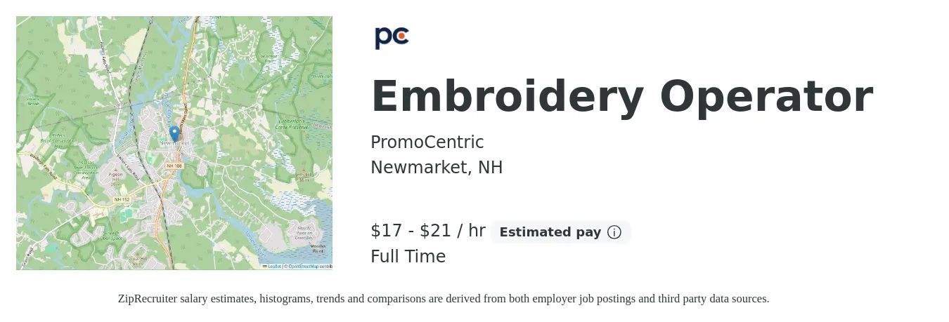 PromoCentric job posting for a Embroidery Operator in Newmarket, NH with a salary of $18 to $22 Hourly with a map of Newmarket location.