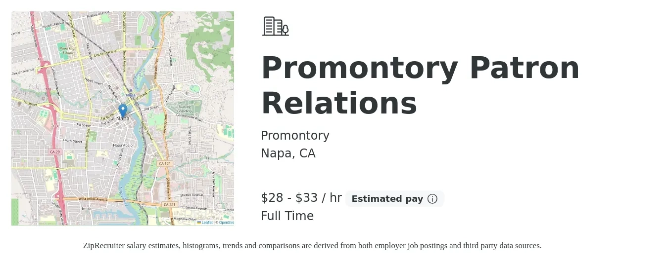 Promontory job posting for a Promontory Patron Relations in Napa, CA with a salary of $30 to $35 Hourly with a map of Napa location.