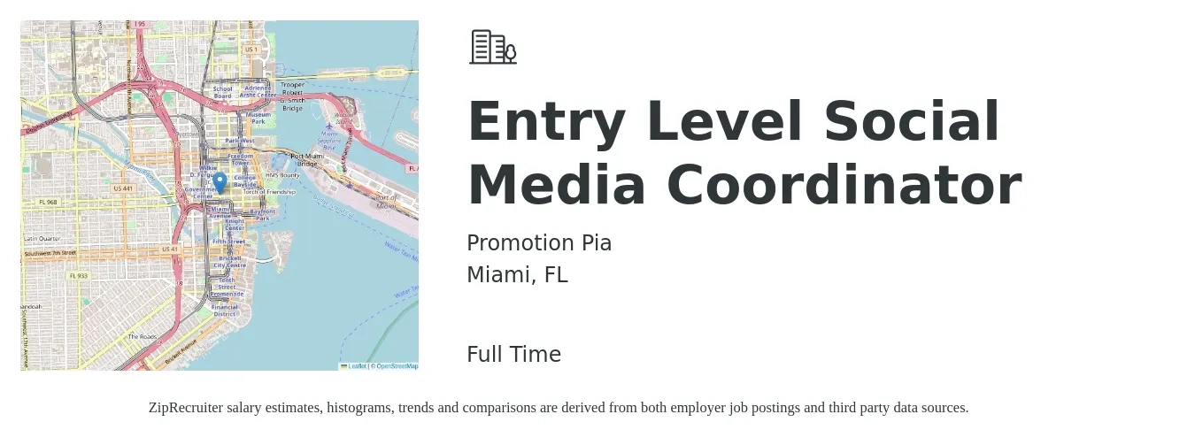 Promotion Pia job posting for a Entry Level Social Media Coordinator in Miami, FL with a salary of $900 to $1,250 Weekly with a map of Miami location.